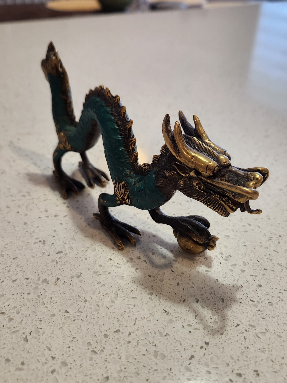 Brass Dragon Figurine with Teal Enamel Accent - Decorative Reptile Ornament